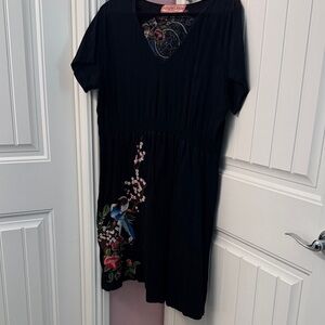 Johnny Was Black Dress with Colorful Embroidery